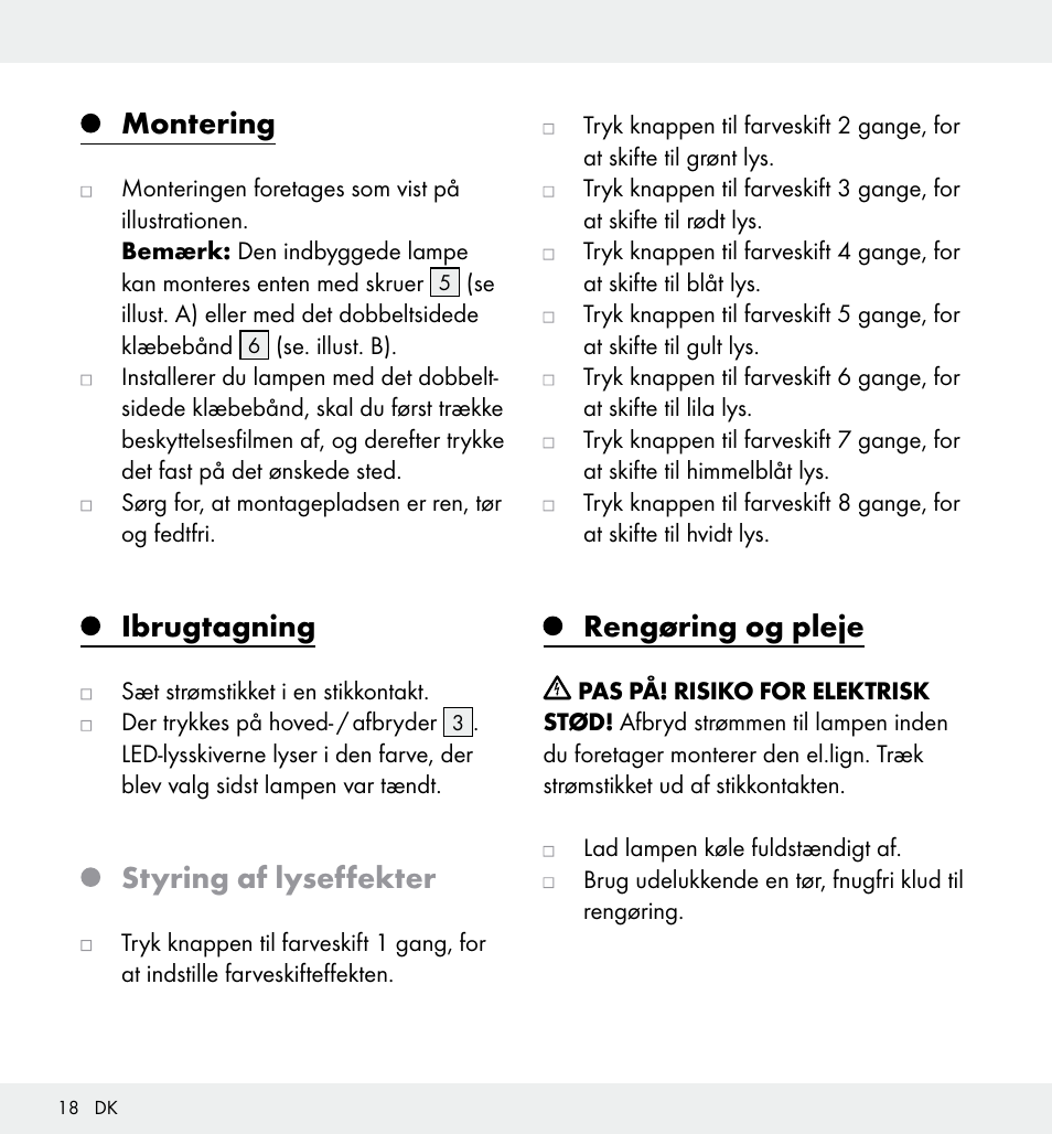 Montering, Ibrugtagning, Styring af lyseffekter | Rengøring og pleje | Livarno Z31357 User Manual | Page 18 / 32