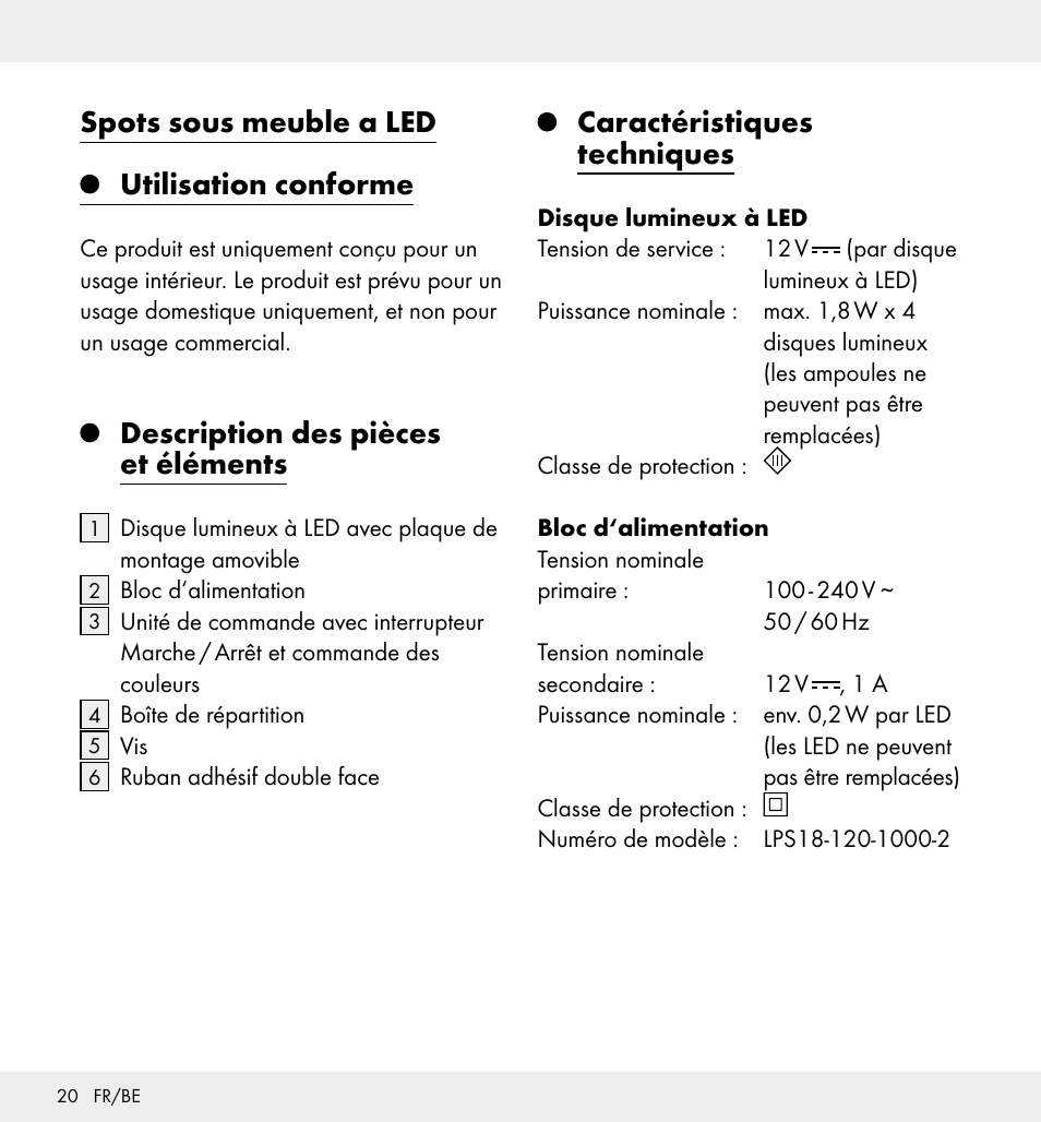 Spots sous meuble a led utilisation conforme, Description des pièces et éléments, Caractéristiques techniques | Livarno Z31357 User Manual | Page 20 / 32