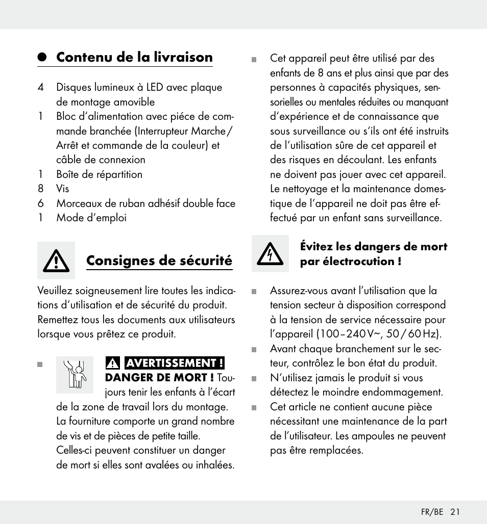 Contenu de la livraison, Consignes de sécurité | Livarno Z31357 User Manual | Page 21 / 32