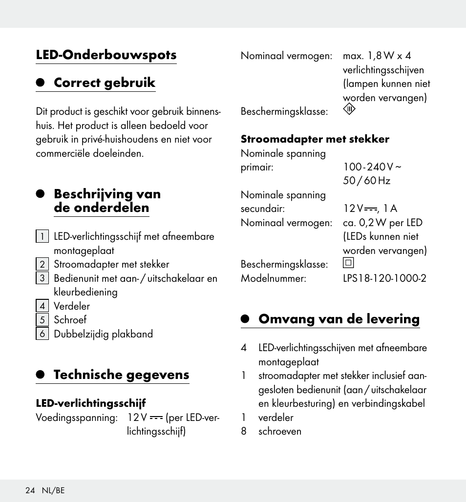 Led-onderbouwspots correct gebruik, Beschrijving van de onderdelen, Technische gegevens | Omvang van de levering | Livarno Z31357 User Manual | Page 24 / 32