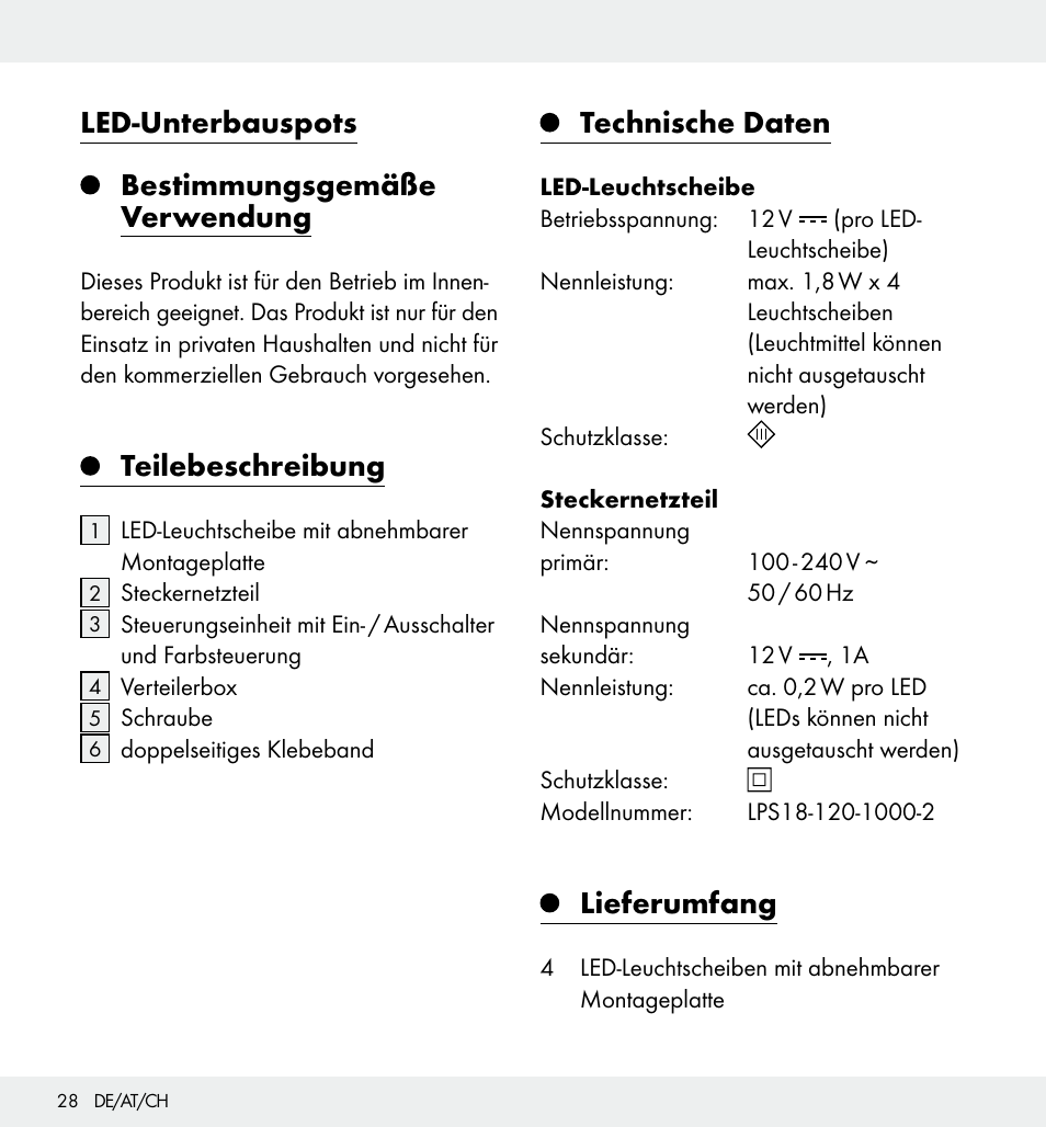 Led-unterbauspots, Bestimmungsgemäße verwendung, Teilebeschreibung | Technische daten, Lieferumfang | Livarno Z31357 User Manual | Page 28 / 32