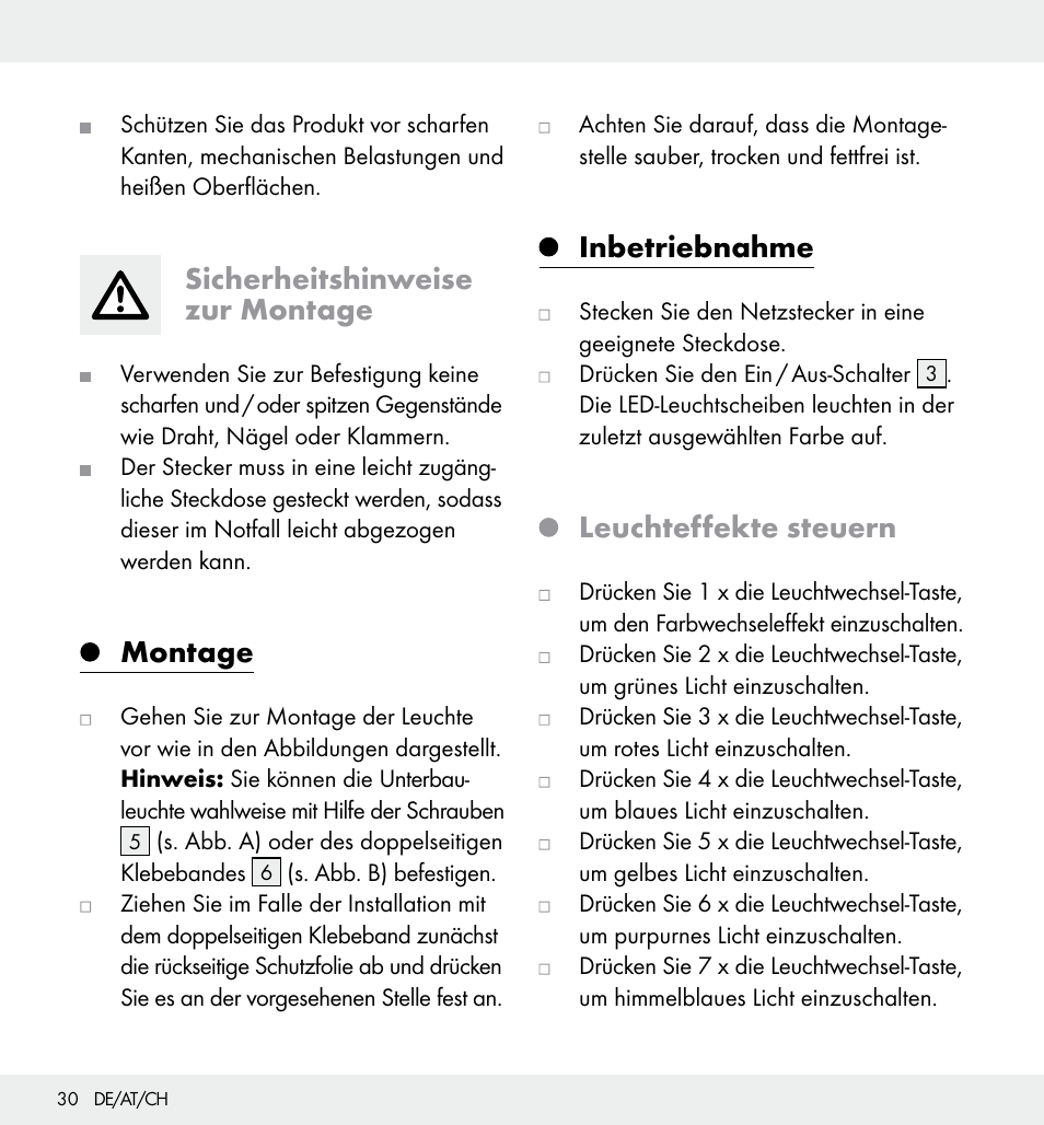 Sicherheitshinweise zur montage, Montage, Inbetriebnahme | Leuchteffekte steuern | Livarno Z31357 User Manual | Page 30 / 32