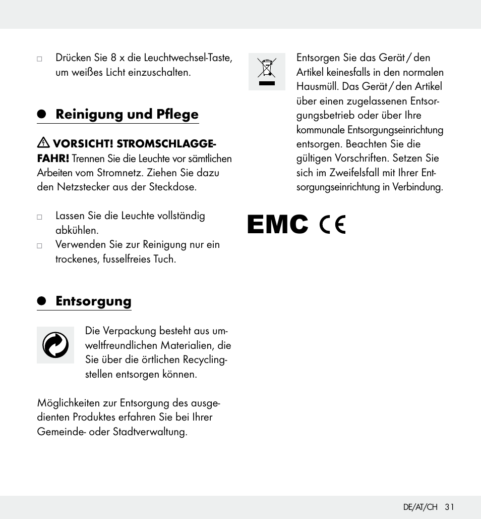 Reinigung und pflege, Entsorgung | Livarno Z31357 User Manual | Page 31 / 32