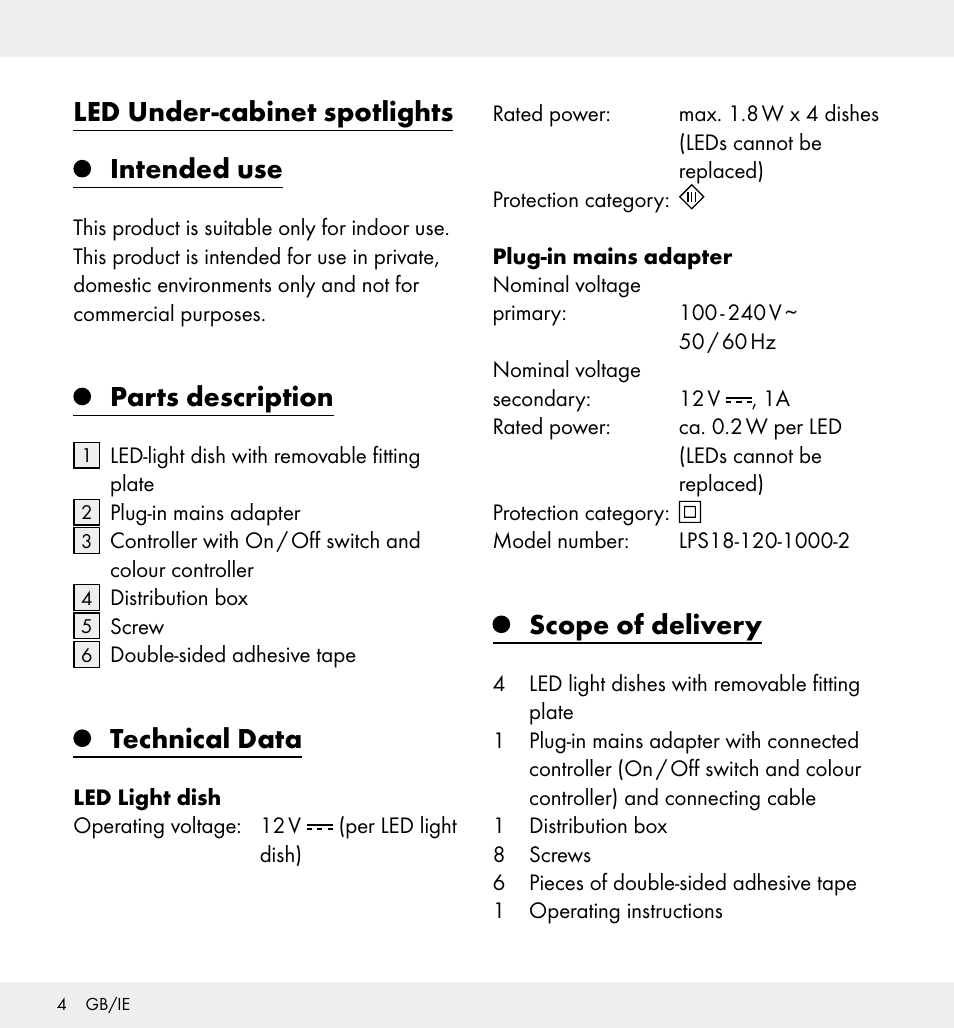 Led under-cabinet spotlights intended use, Parts description, Technical data | Scope of delivery | Livarno Z31357 User Manual | Page 4 / 32