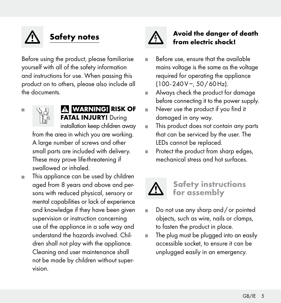 Safety instructions for assembly | Livarno Z31357 User Manual | Page 5 / 32