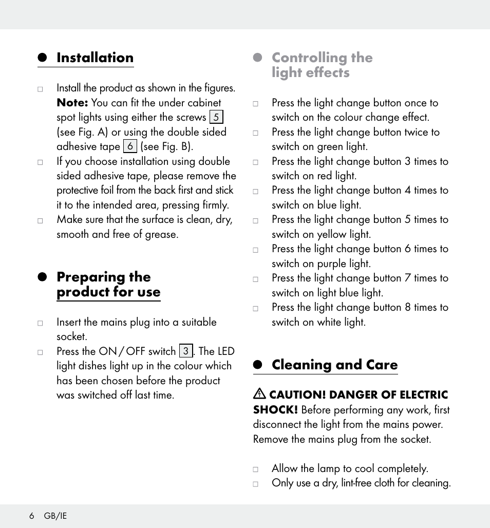 Installation, Preparing the product for use, Controlling the light effects | Cleaning and care | Livarno Z31357 User Manual | Page 6 / 32