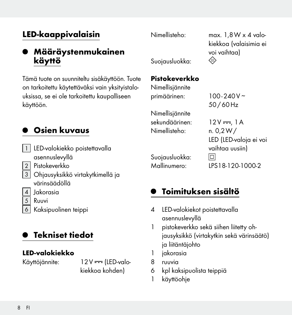 Led-kaappivalaisin, Määräystenmukainen käyttö, Osien kuvaus | Tekniset tiedot, Toimituksen sisältö | Livarno Z31357 User Manual | Page 8 / 32