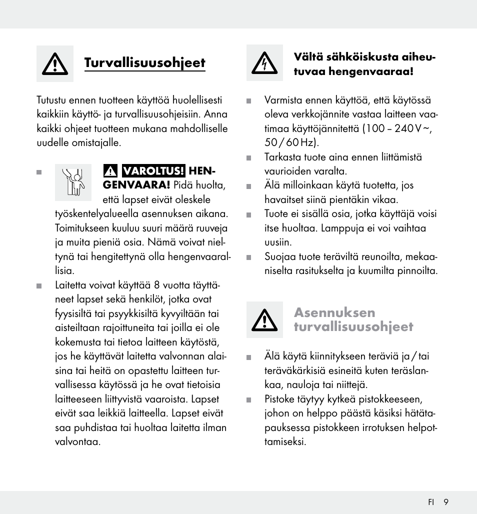 Turvallisuusohjeet, Asennuksen turvallisuusohjeet | Livarno Z31357 User Manual | Page 9 / 32