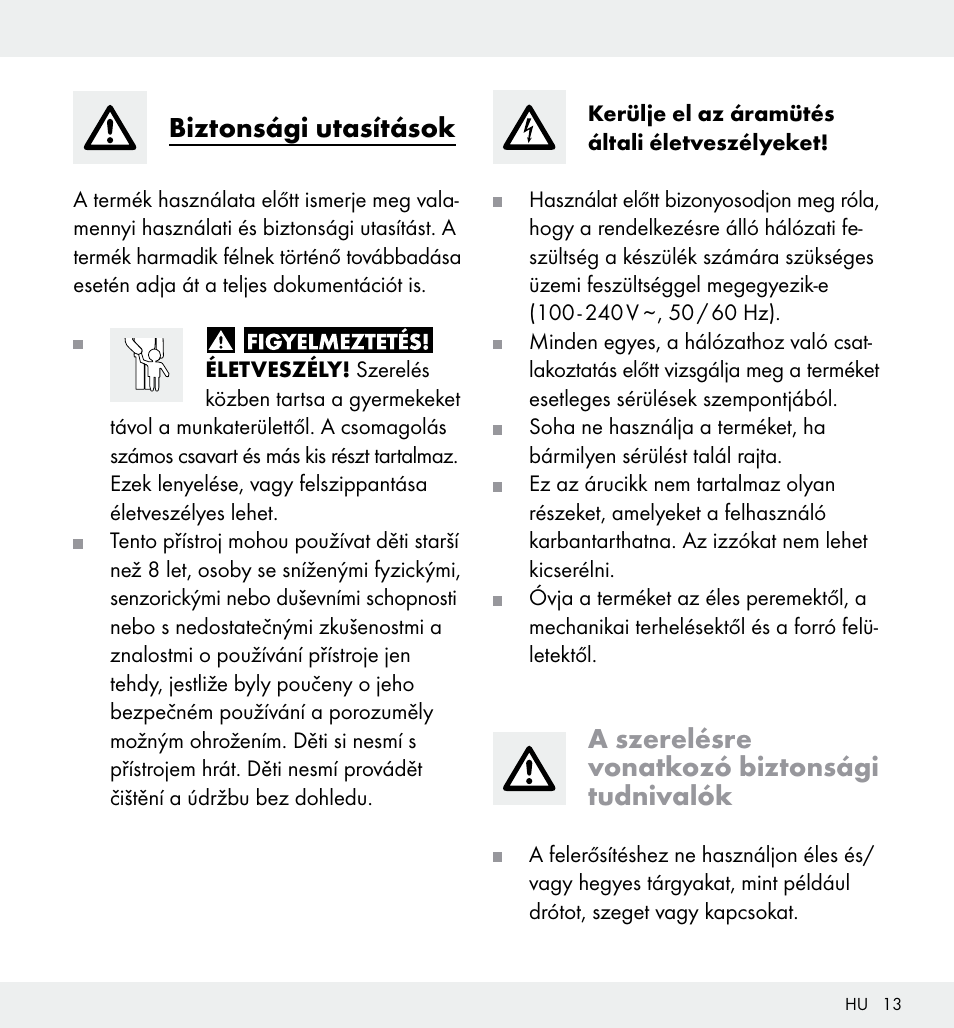 Biztonsági utasítások, A szerelésre vonatkozó biztonsági tudnivalók | Livarno Z31357 User Manual | Page 13 / 34