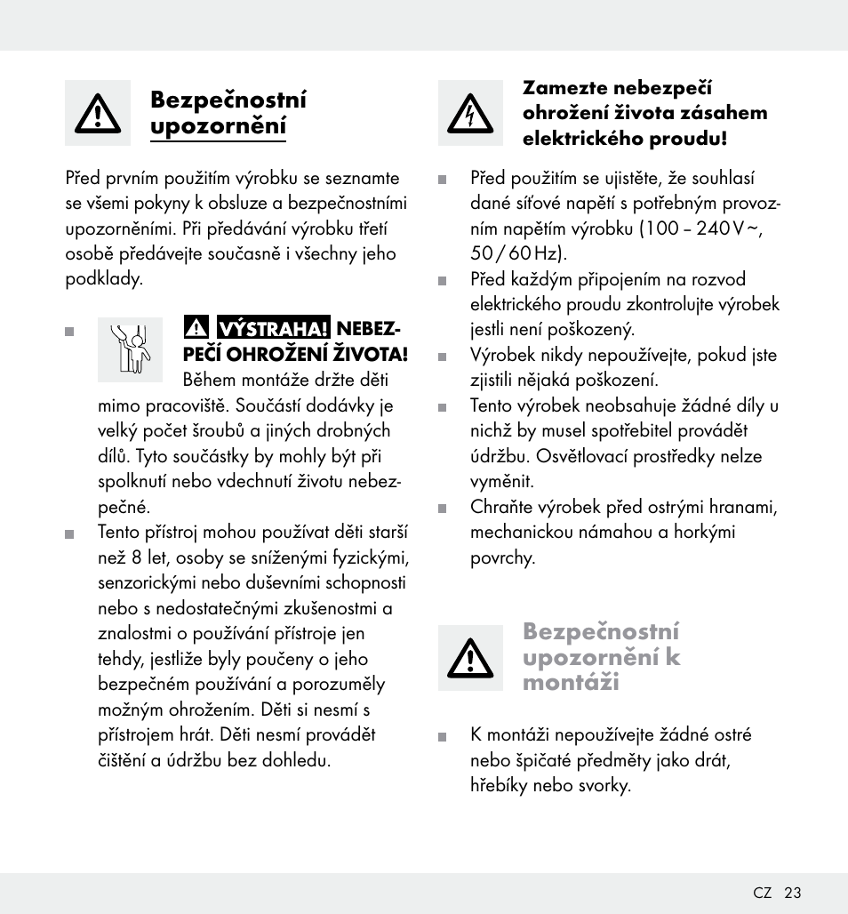 Bezpečnostní upozornění, Bezpečnostní upozornění k montáži | Livarno Z31357 User Manual | Page 23 / 34