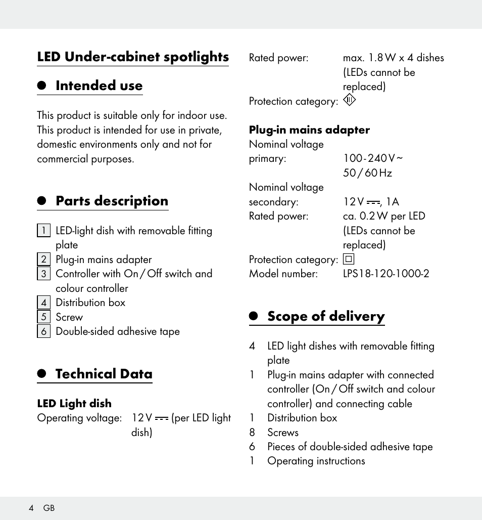 Led under-cabinet spotlights intended use, Parts description, Technical data | Scope of delivery | Livarno Z31357 User Manual | Page 4 / 34