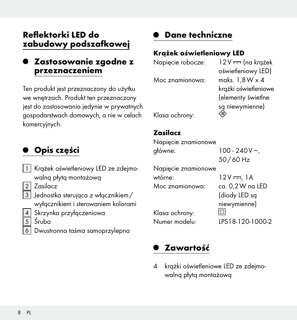 Opis części, Dane techniczne, Zawartość | Livarno Z31357 User Manual | Page 8 / 34