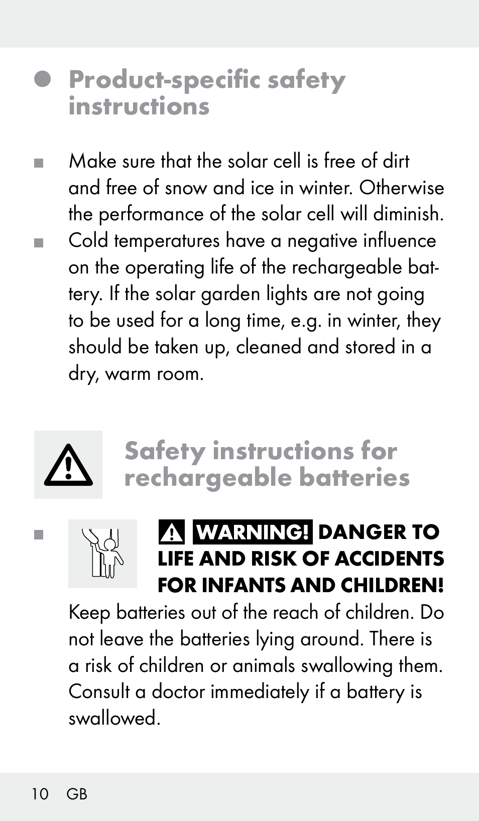 Product-specific safety instructions, Safety instructions for rechargeable batteries | Livarno Z31390 User Manual | Page 10 / 62