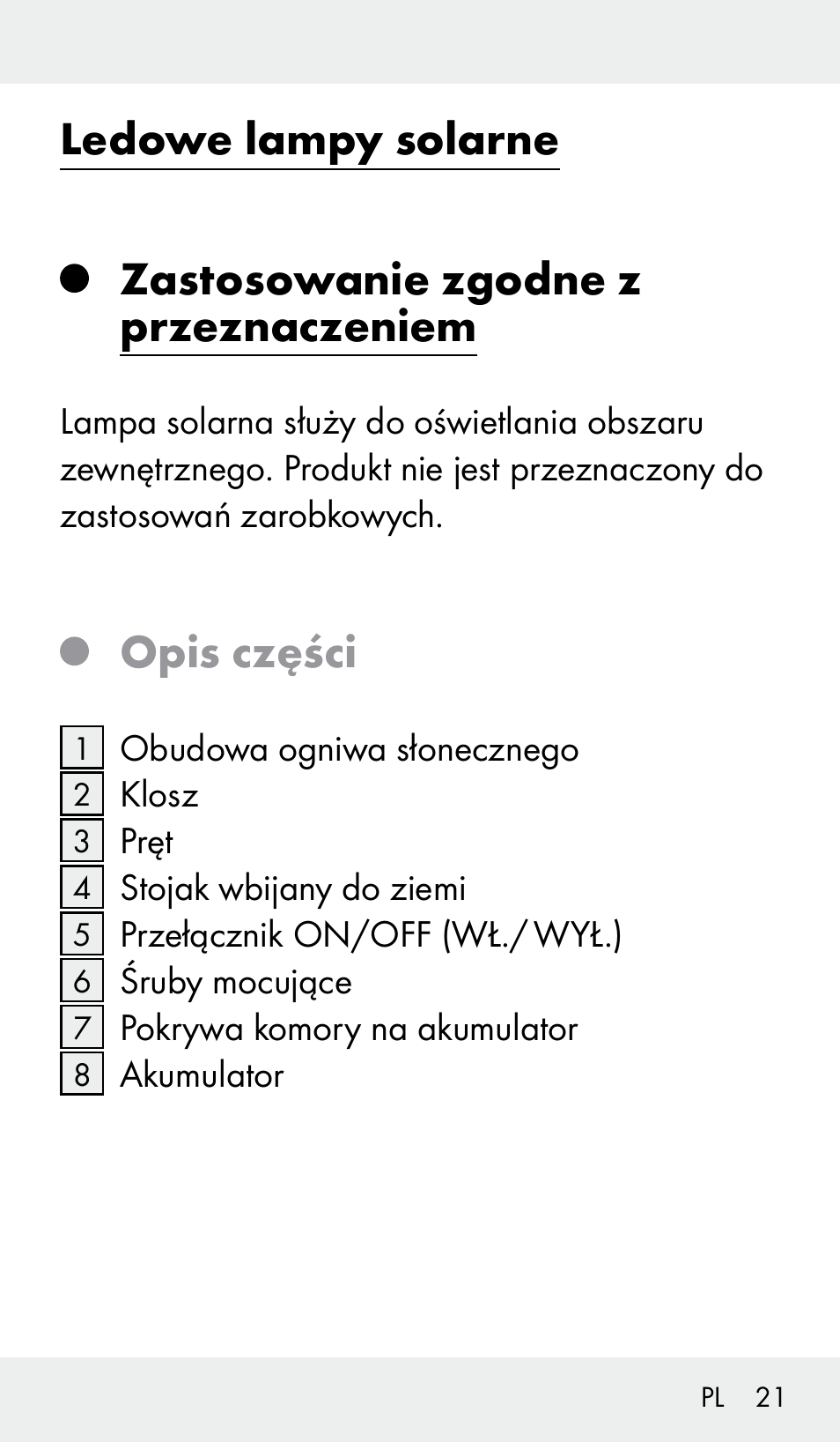 Ledowe lampy solarne, Zastosowanie zgodne z przeznaczeniem, Opis części | Livarno Z31390 User Manual | Page 21 / 62