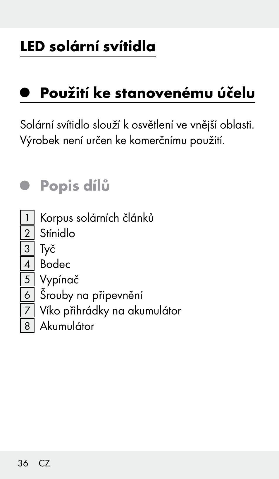 Led solární svítidla, Použití ke stanovenému účelu, Popis dílů | Livarno Z31390 User Manual | Page 36 / 62