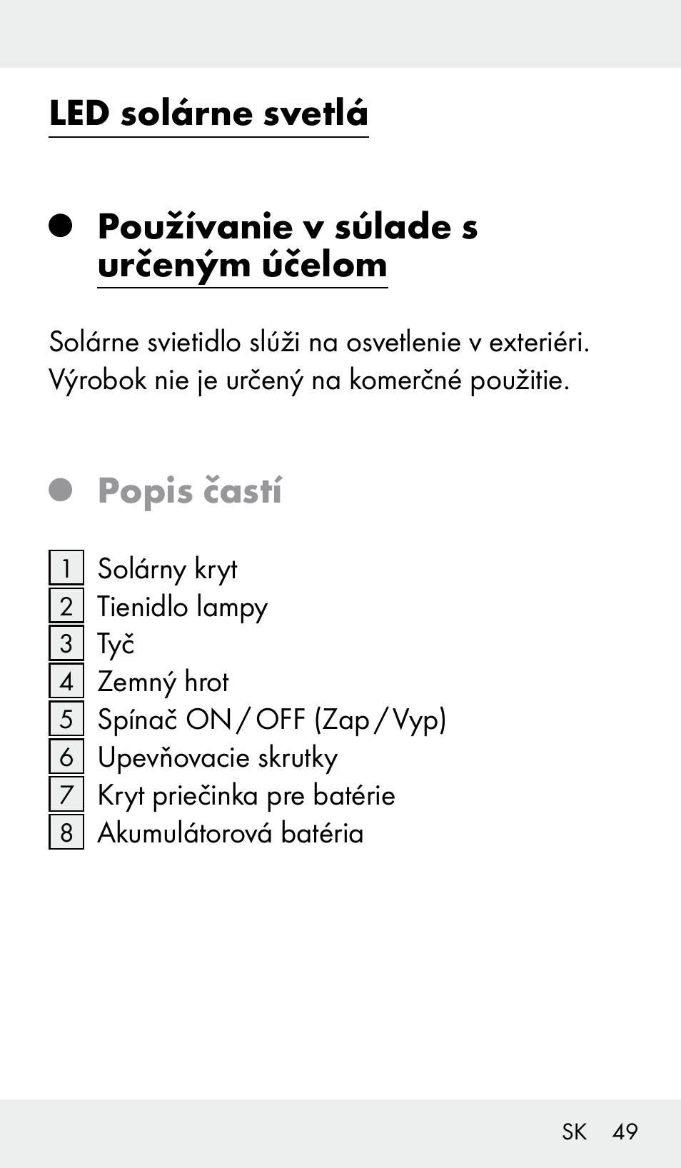 Led solárne svetlá, Používanie v súlade s určeným účelom, Popis častí | Livarno Z31390 User Manual | Page 49 / 62