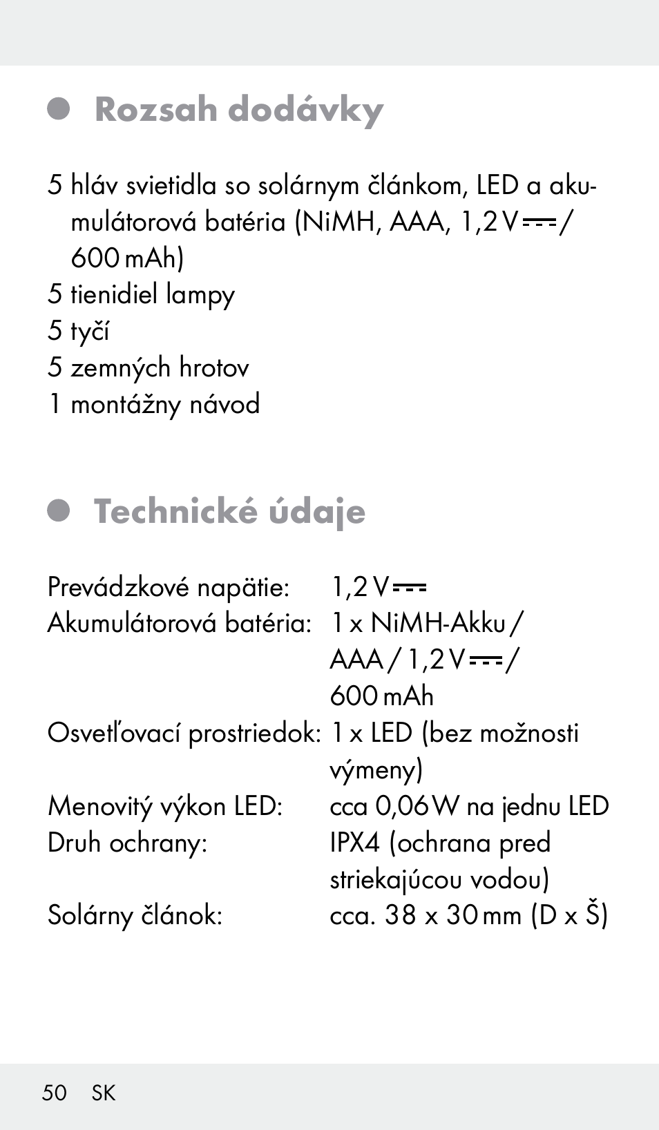 Rozsah dodávky, Technické údaje | Livarno Z31390 User Manual | Page 50 / 62