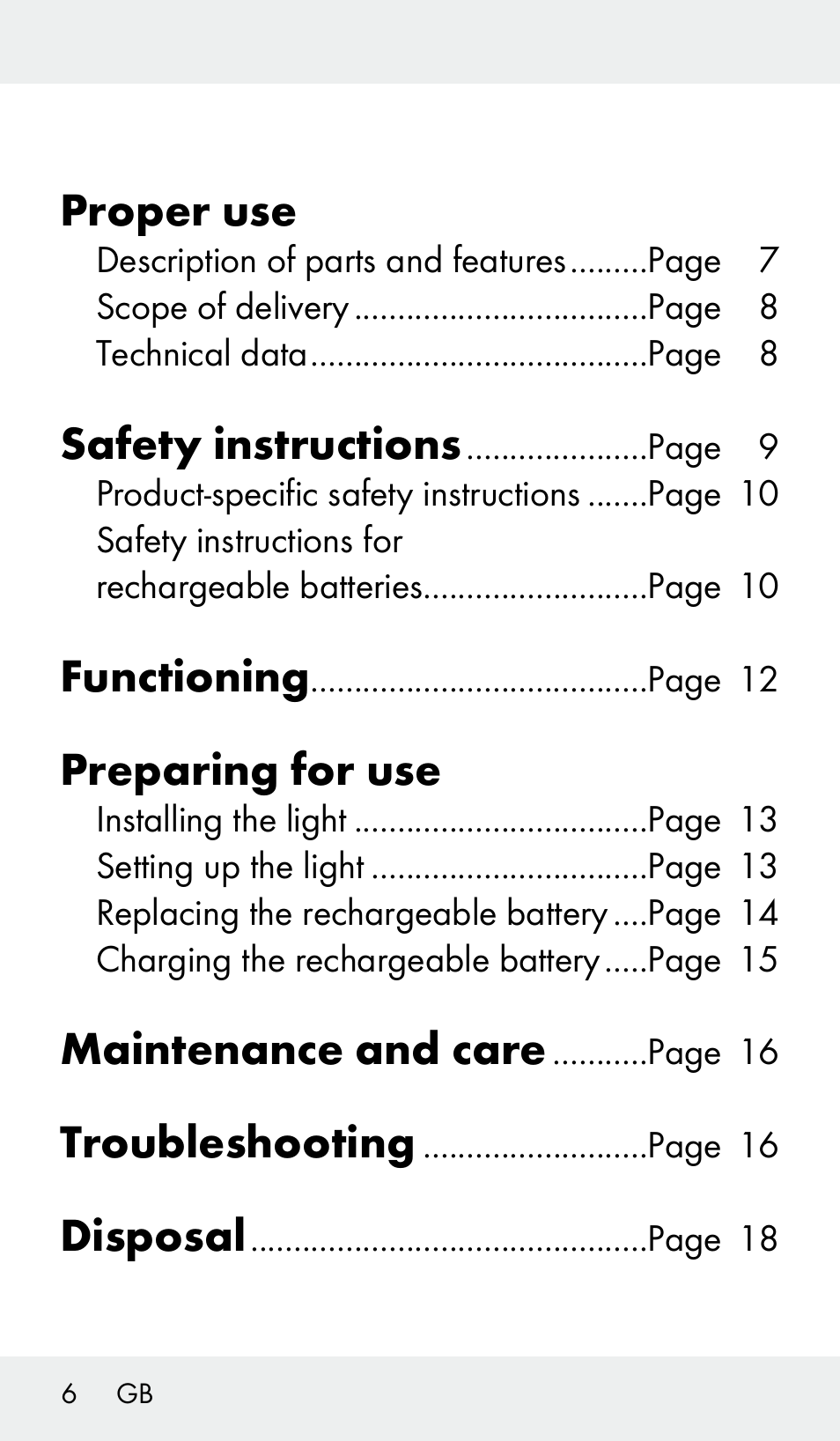 Proper use, Safety instructions, Functioning | Preparing for use, Maintenance and care, Troubleshooting, Disposal | Livarno Z31390 User Manual | Page 6 / 62