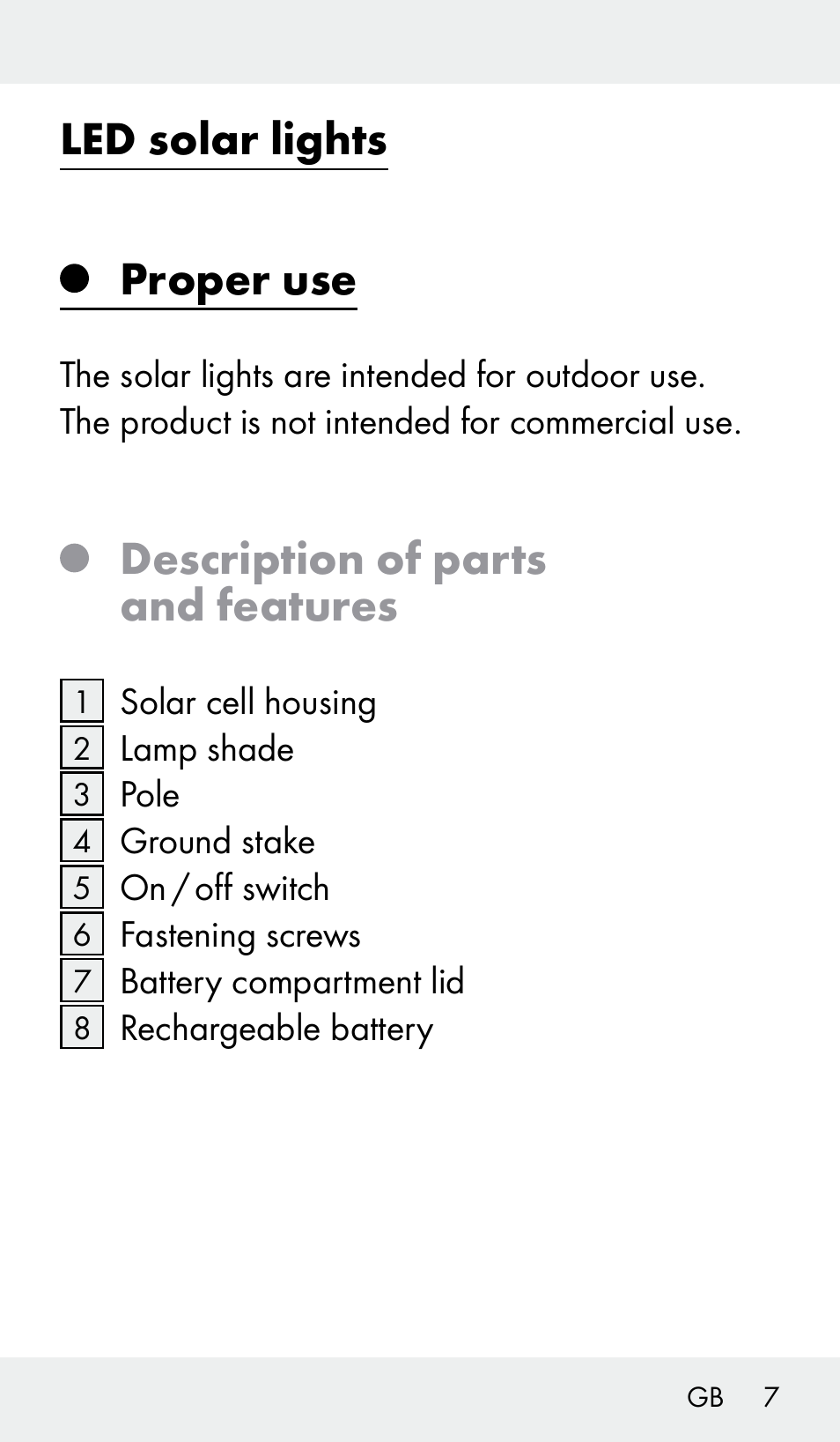Led solar lights, Proper use, Description of parts and features | Livarno Z31390 User Manual | Page 7 / 62