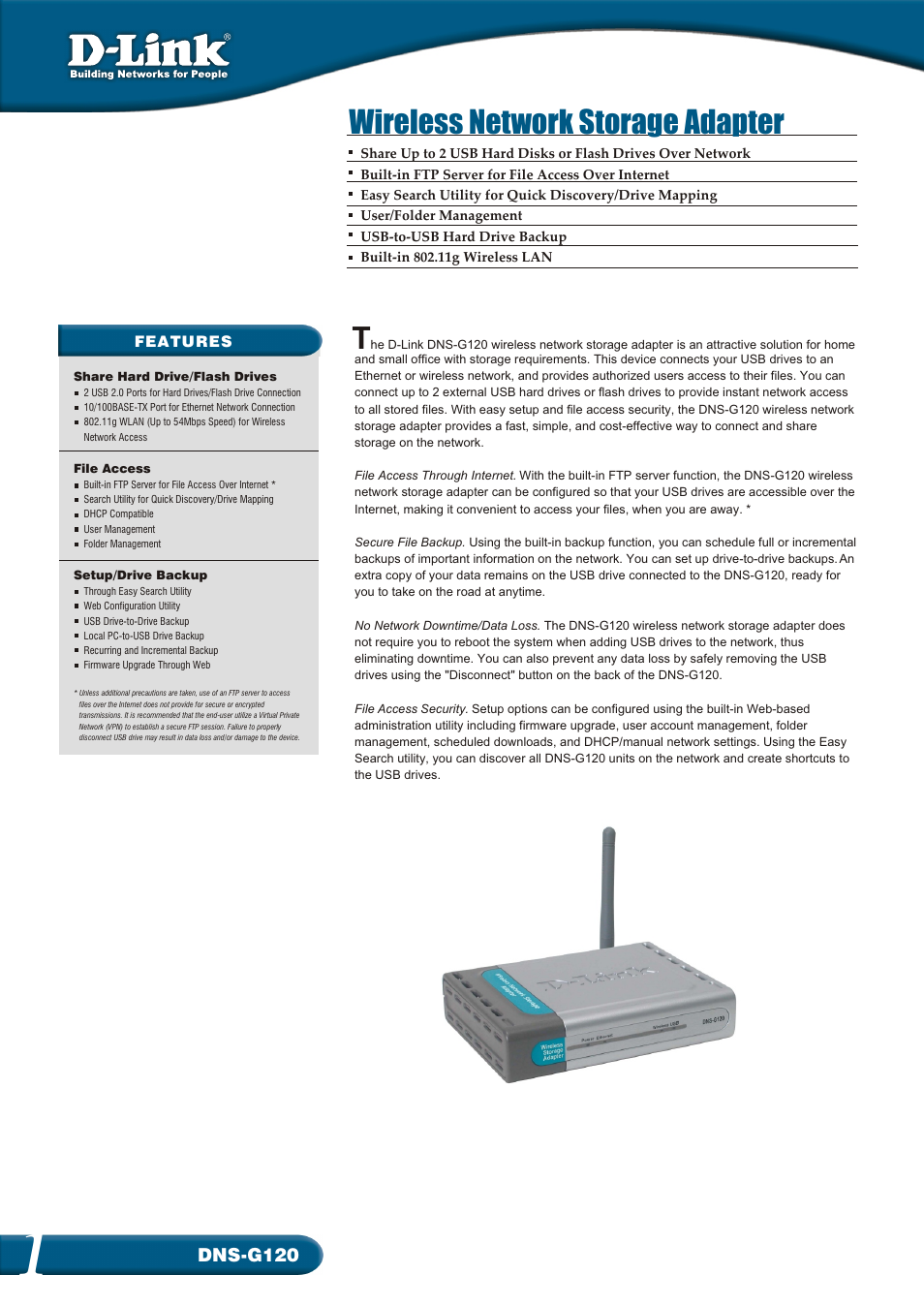 D-Link Wireless Network Storage Adapter DNS-G120 User Manual | 2 pages