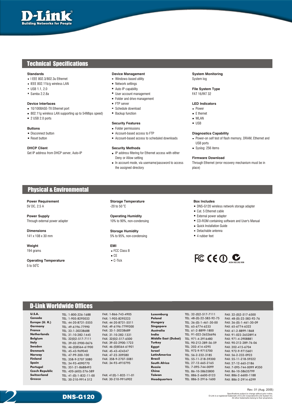 D-link worldwide offices | D-Link Wireless Network Storage Adapter DNS-G120 User Manual | Page 2 / 2