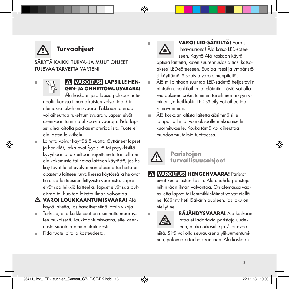Turvaohjeet, Paristojen turvallisuusohjeet | Livarno Z31124A/Z31124B User Manual | Page 13 / 47