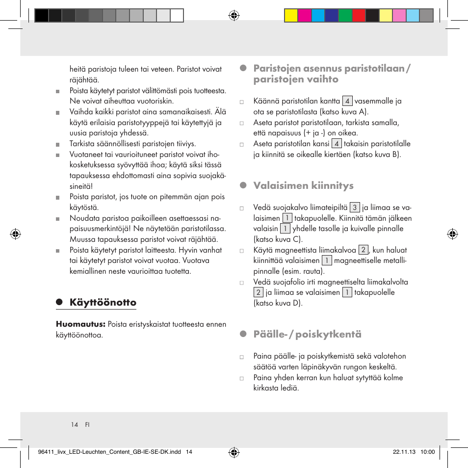Käyttöönotto, Valaisimen kiinnitys, Päälle- / poiskytkentä | Livarno Z31124A/Z31124B User Manual | Page 14 / 47