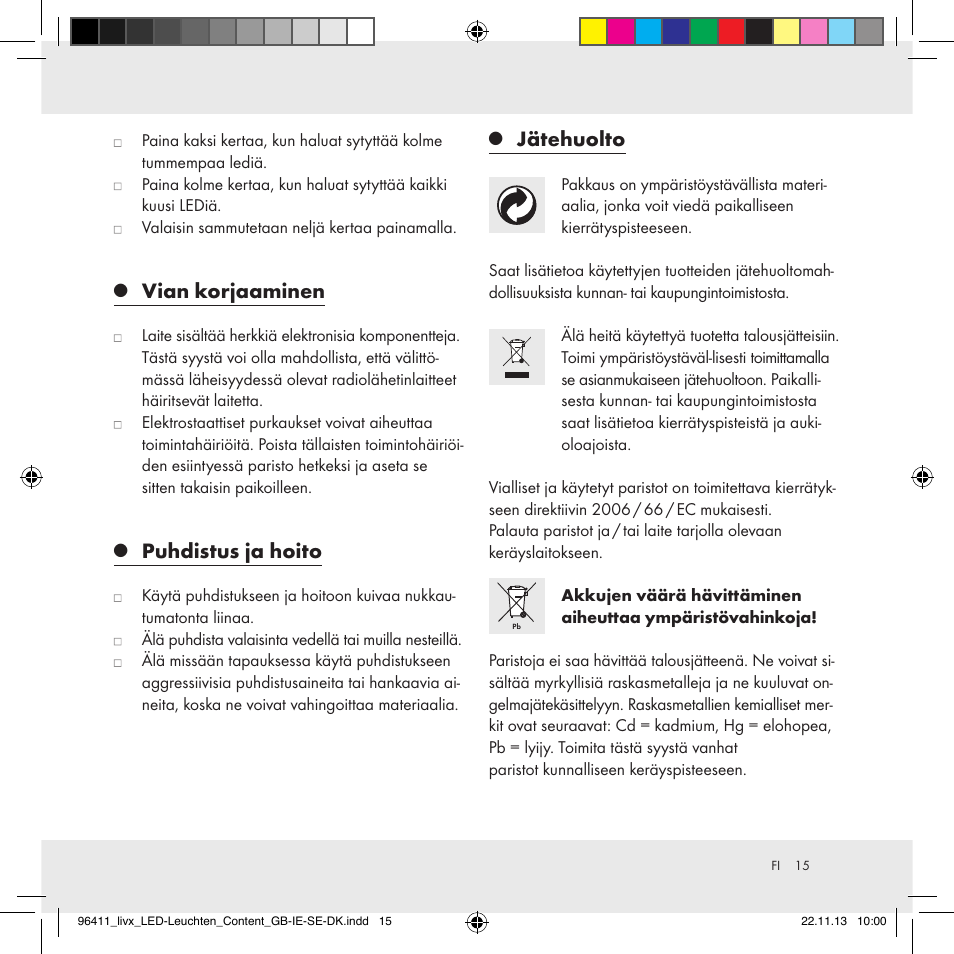 Vian korjaaminen, Puhdistus ja hoito, Jätehuolto | Livarno Z31124A/Z31124B User Manual | Page 15 / 47