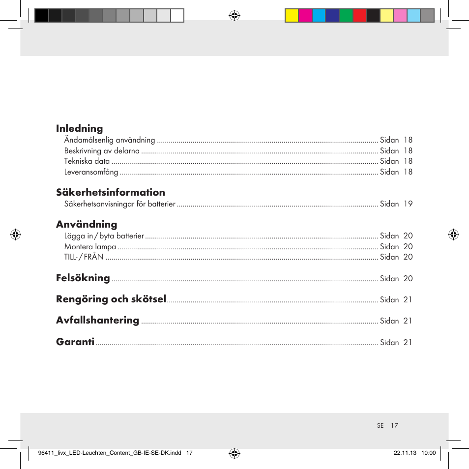 Inledning, Säkerhetsinformation, Användning | Felsökning, Rengöring och skötsel, Avfallshantering, Garanti | Livarno Z31124A/Z31124B User Manual | Page 17 / 47