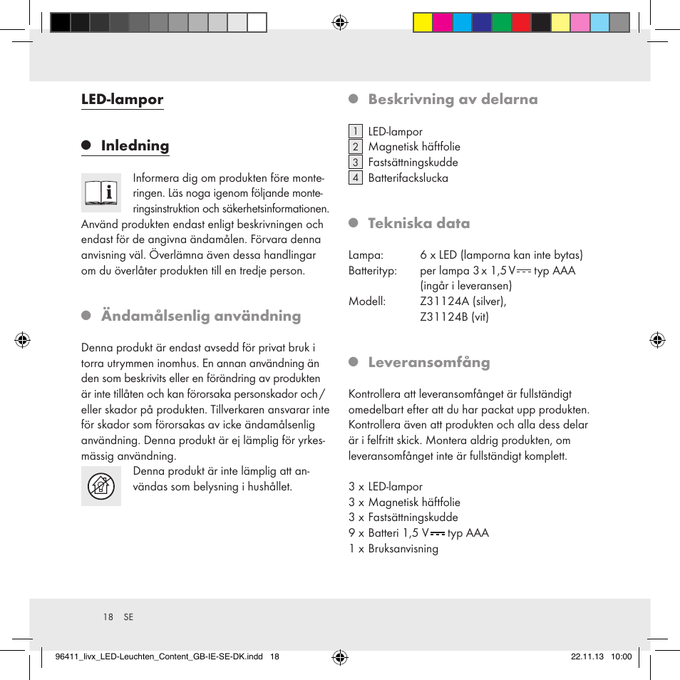 Led-lampor, Inledning, Ändamålsenlig användning | Beskrivning av delarna, Tekniska data, Leveransomfång | Livarno Z31124A/Z31124B User Manual | Page 18 / 47