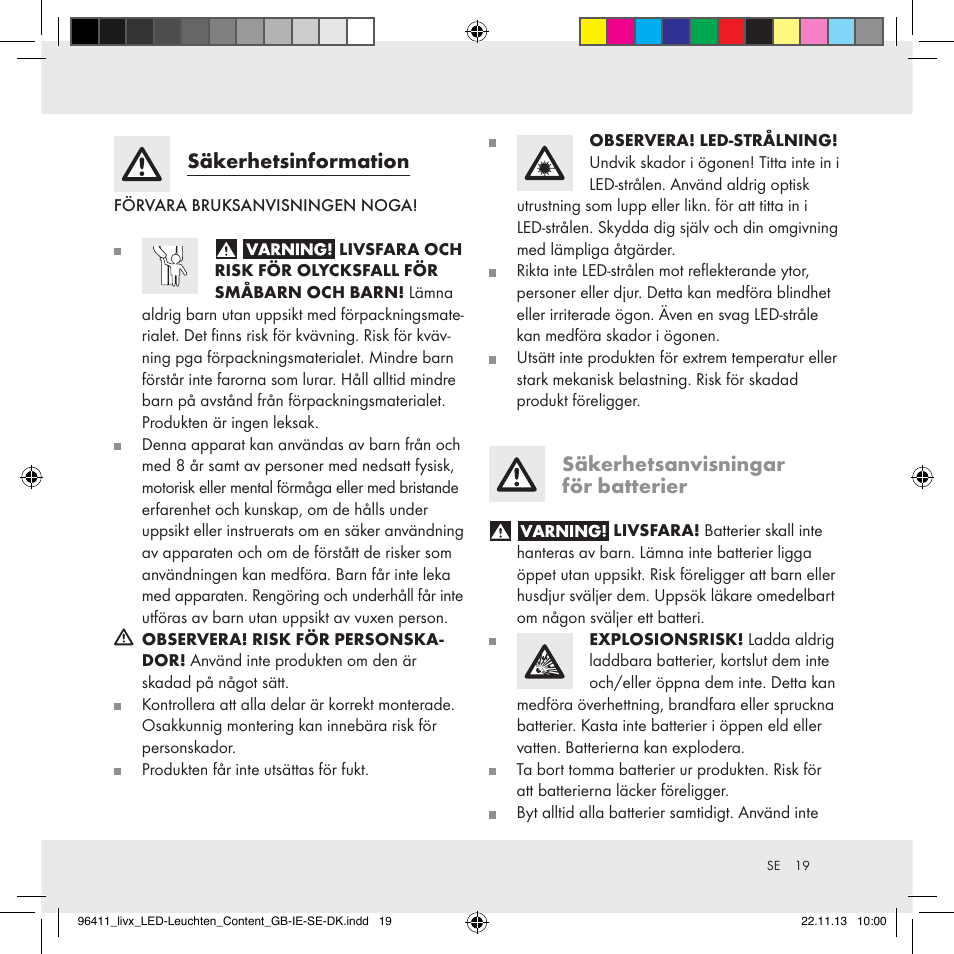 Säkerhetsinformation, Säkerhetsanvisningar för batterier | Livarno Z31124A/Z31124B User Manual | Page 19 / 47