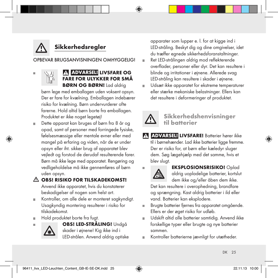 Sikkerhedsregler, Sikkerhedshenvisninger til batterier | Livarno Z31124A/Z31124B User Manual | Page 25 / 47
