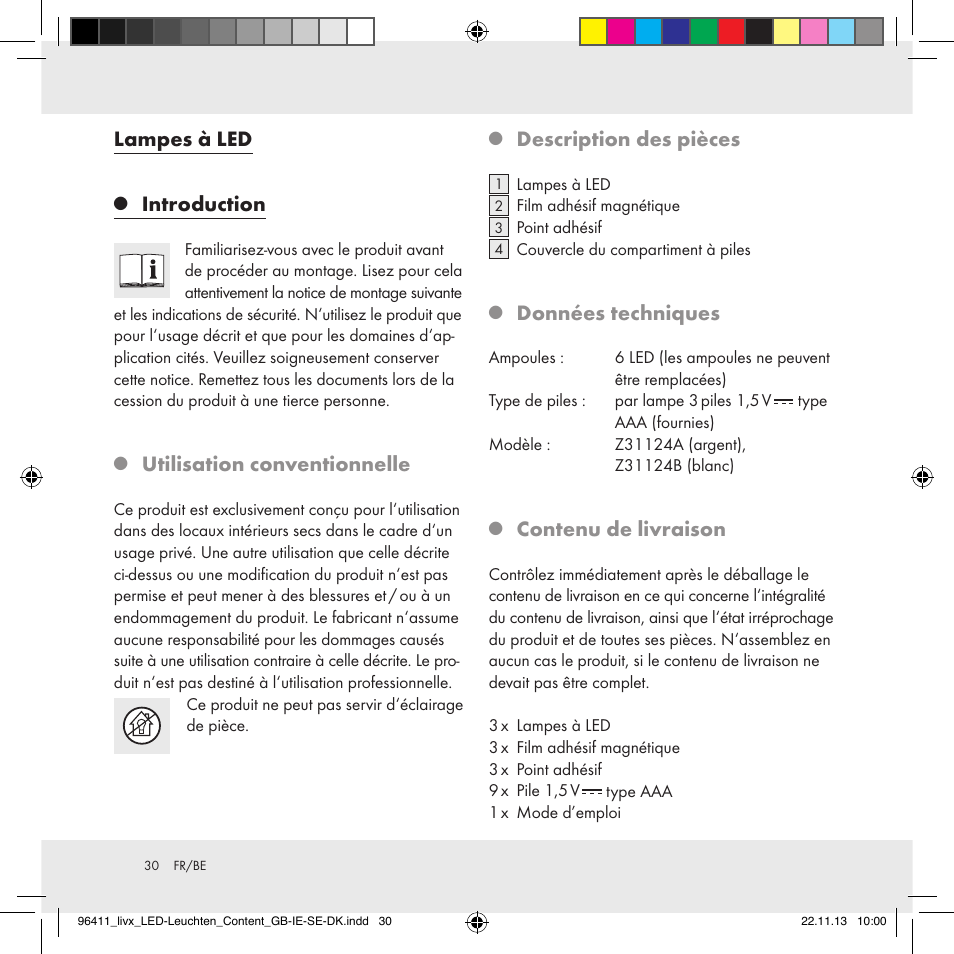 Lampes à led, Introduction, Utilisation conventionnelle | Description des pièces, Données techniques, Contenu de livraison | Livarno Z31124A/Z31124B User Manual | Page 30 / 47