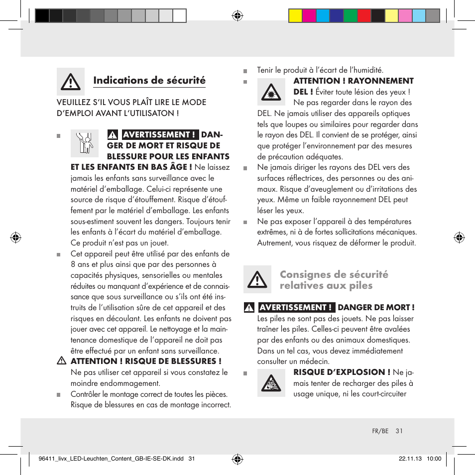 Indications de sécurité, Consignes de sécurité relatives aux piles | Livarno Z31124A/Z31124B User Manual | Page 31 / 47