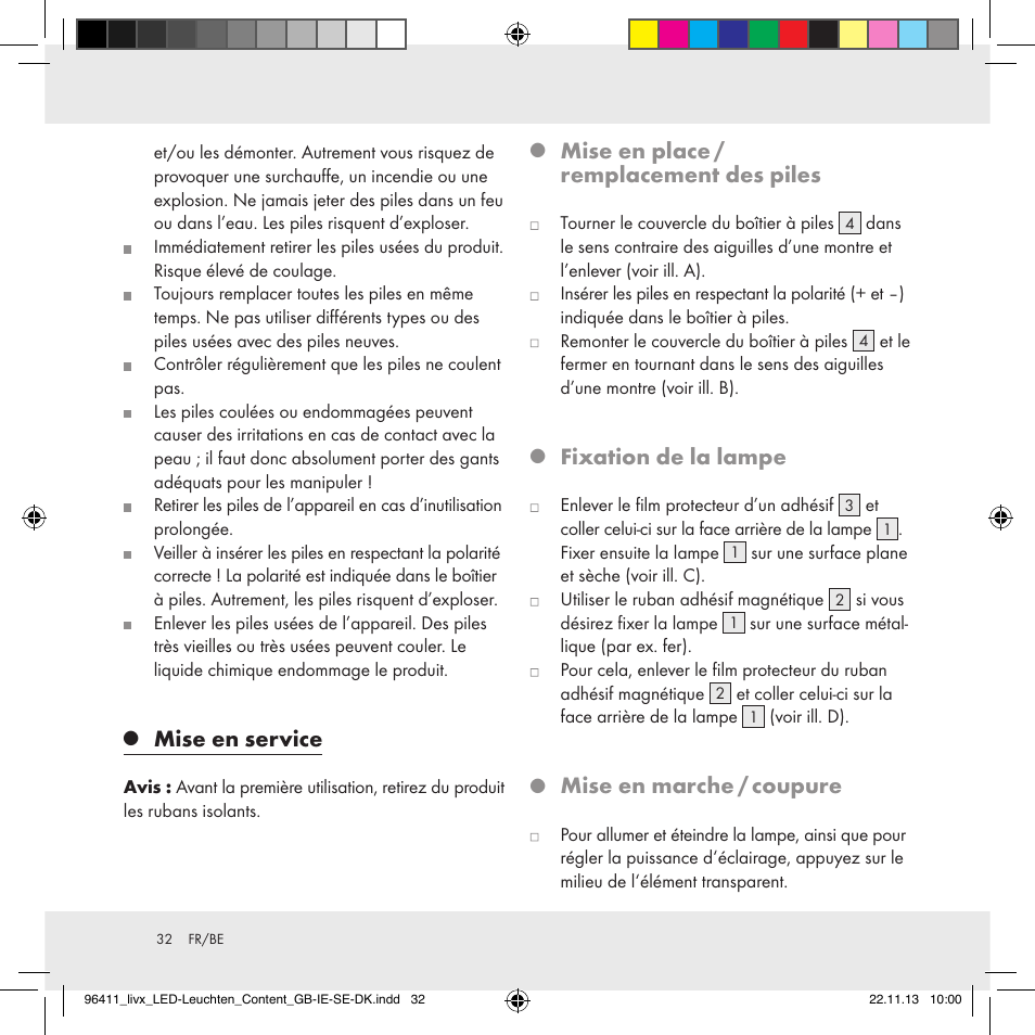 Mise en service, Mise en place / remplacement des piles, Fixation de la lampe | Mise en marche / coupure | Livarno Z31124A/Z31124B User Manual | Page 32 / 47