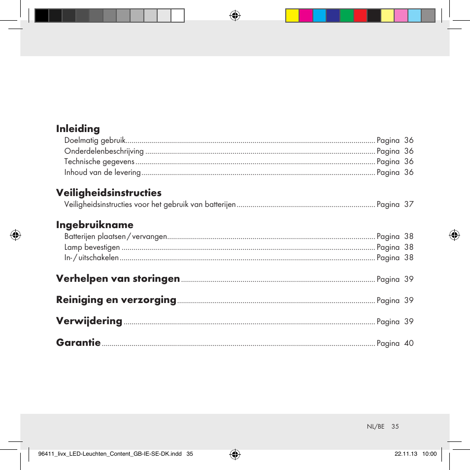 Inleiding, Veiligheidsinstructies, Ingebruikname | Verhelpen van storingen, Reiniging en verzorging, Verwijdering, Garantie | Livarno Z31124A/Z31124B User Manual | Page 35 / 47