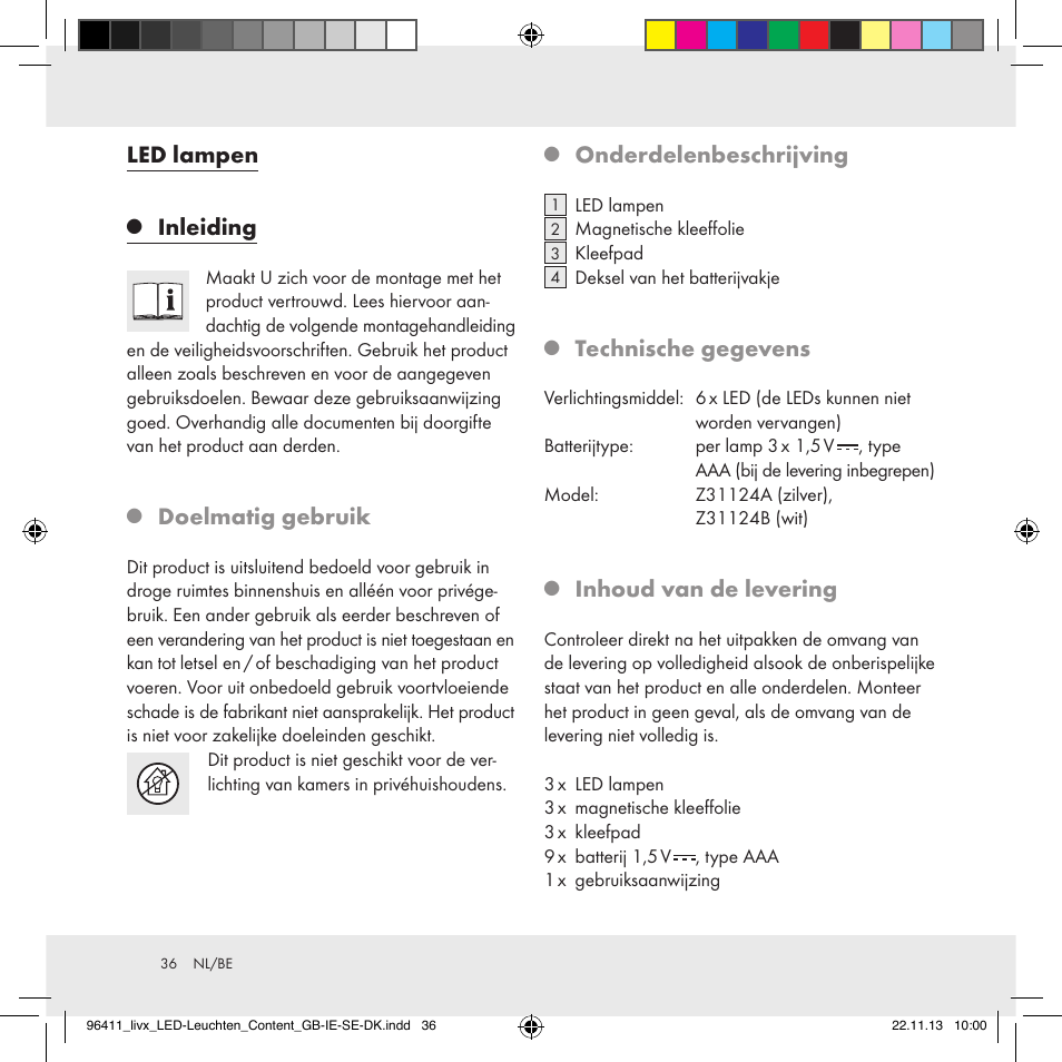 Led lampen, Inleiding, Doelmatig gebruik | Onderdelenbeschrijving, Technische gegevens, Inhoud van de levering | Livarno Z31124A/Z31124B User Manual | Page 36 / 47