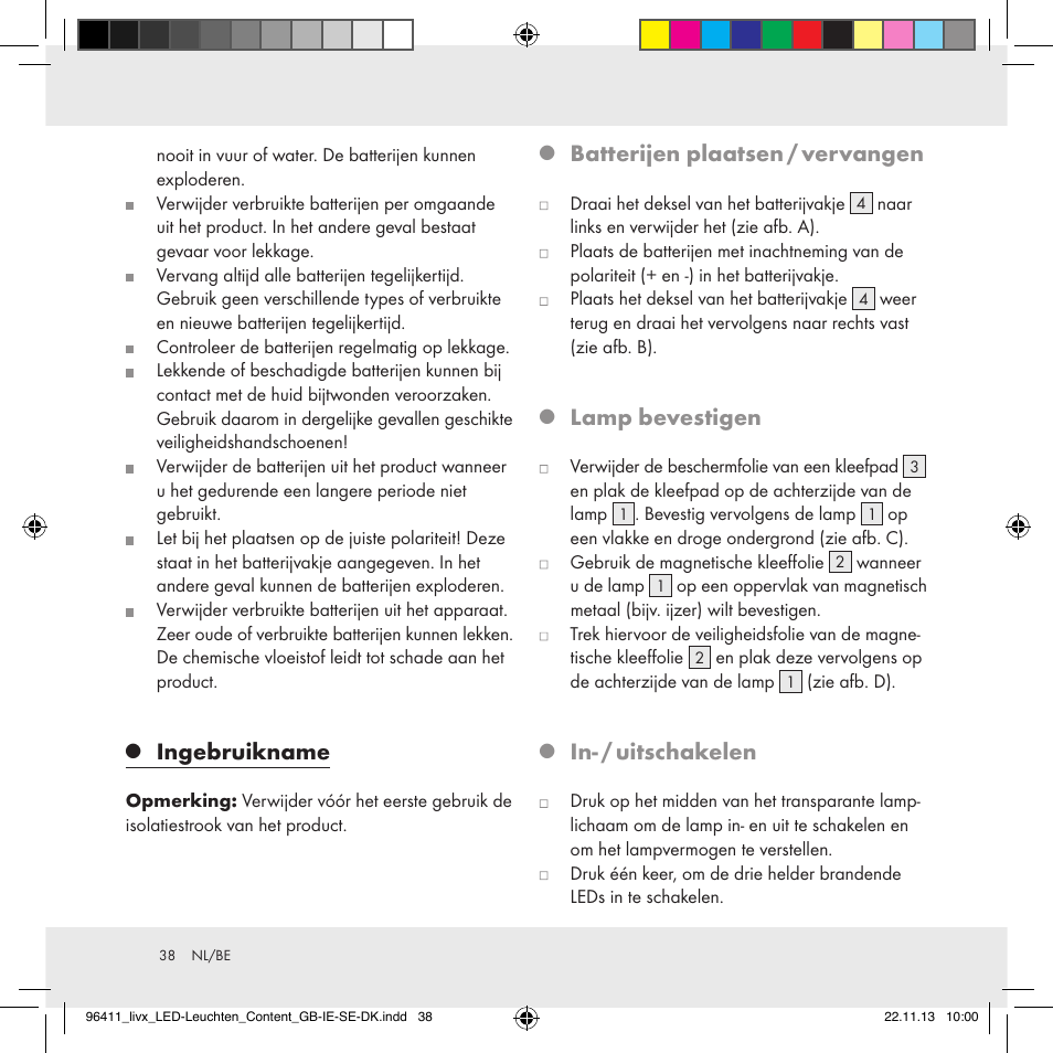Ingebruikname, Batterijen plaatsen / vervangen, Lamp bevestigen | In- / uitschakelen | Livarno Z31124A/Z31124B User Manual | Page 38 / 47