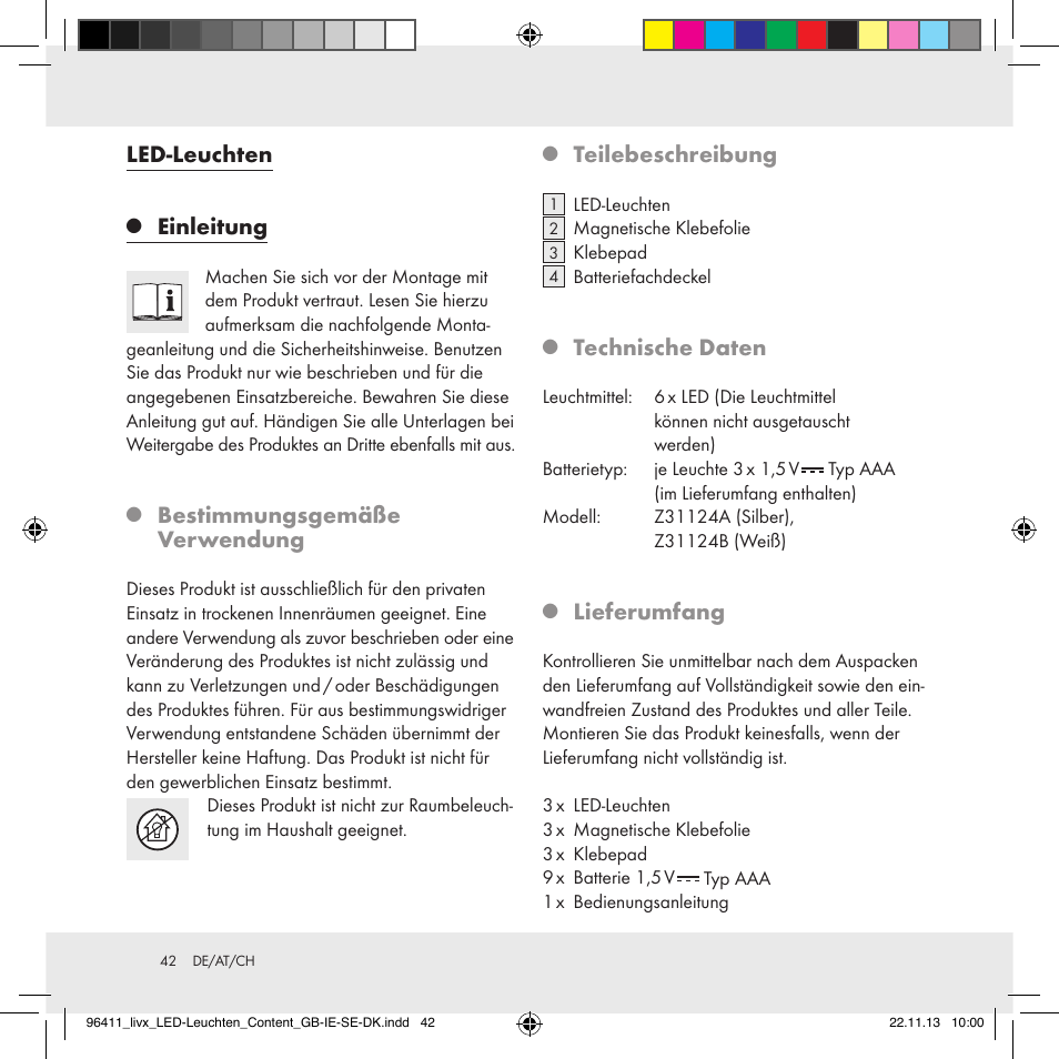 Led-leuchten, Einleitung, Bestimmungsgemäße verwendung | Teilebeschreibung, Technische daten, Lieferumfang | Livarno Z31124A/Z31124B User Manual | Page 42 / 47