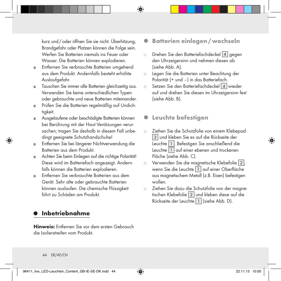 Inbetriebnahme, Batterien einlegen / wechseln, Leuchte befestigen | Livarno Z31124A/Z31124B User Manual | Page 44 / 47