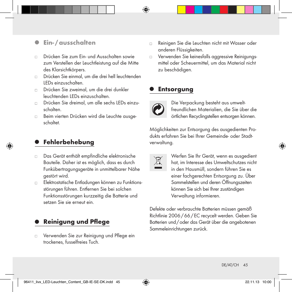 Ein- / ausschalten, Fehlerbehebung, Reinigung und pflege | Entsorgung | Livarno Z31124A/Z31124B User Manual | Page 45 / 47