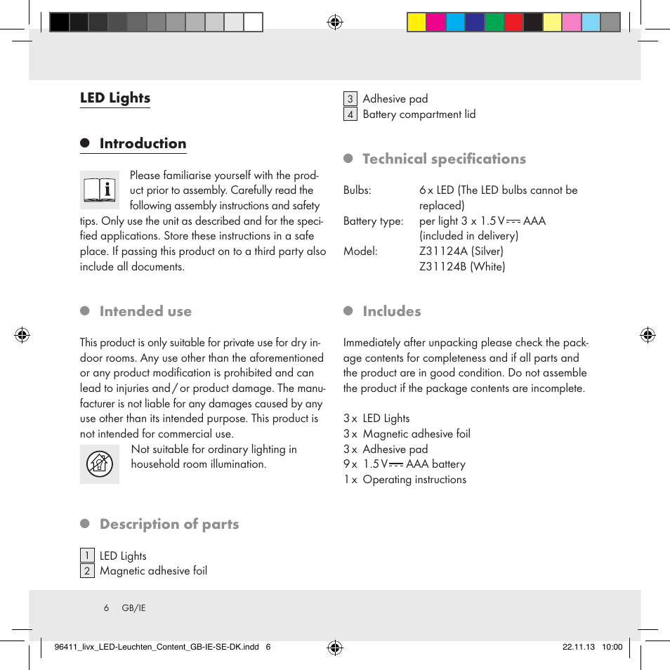 Led lights, Introduction, Intended use | Description of parts, Technical specifications, Includes | Livarno Z31124A/Z31124B User Manual | Page 6 / 47