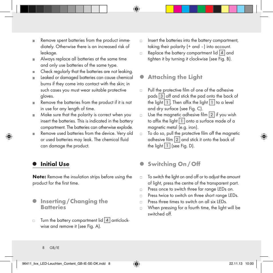 Initial use, Inserting / changing the batteries, Attaching the light | Switching on / off | Livarno Z31124A/Z31124B User Manual | Page 8 / 47