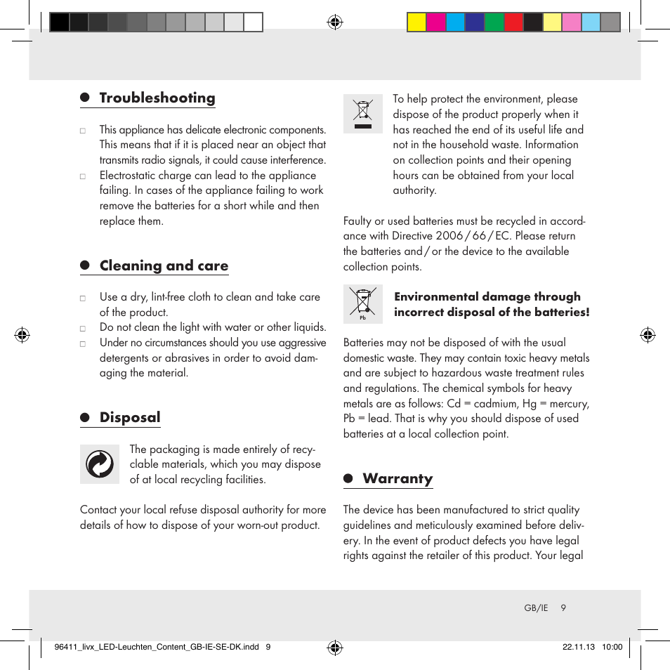 Troubleshooting, Cleaning and care, Disposal | Warranty | Livarno Z31124A/Z31124B User Manual | Page 9 / 47