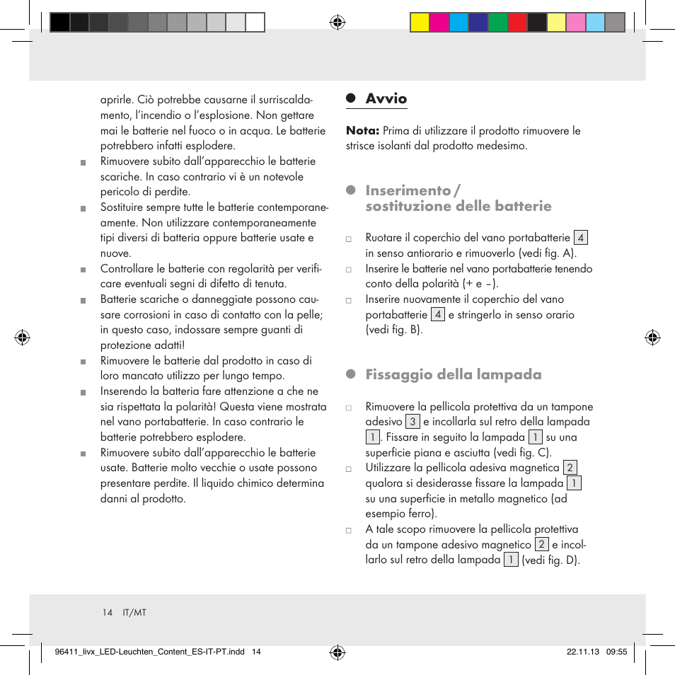 Avvio, Inserimento / sostituzione delle batterie, Fissaggio della lampada | Livarno Z31124A/Z31124B User Manual | Page 14 / 35