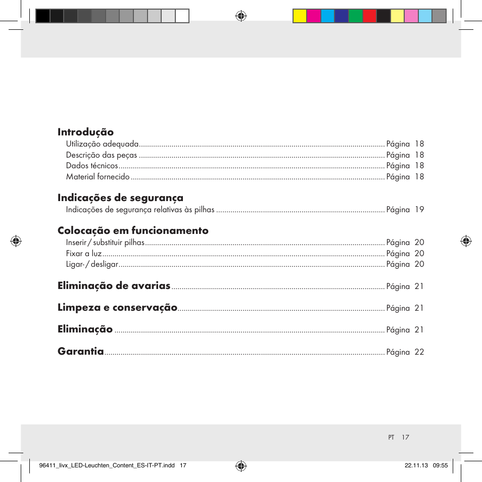 Introdução, Indicações de segurança, Colocação em funcionamento | Eliminação de avarias, Limpeza e conservação, Eliminação, Garantia | Livarno Z31124A/Z31124B User Manual | Page 17 / 35