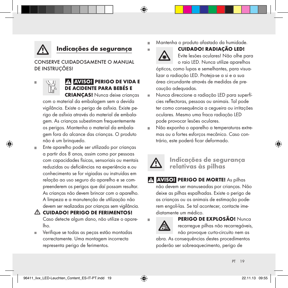 Indicações de segurança, Indicações de segurança relativas às pilhas | Livarno Z31124A/Z31124B User Manual | Page 19 / 35