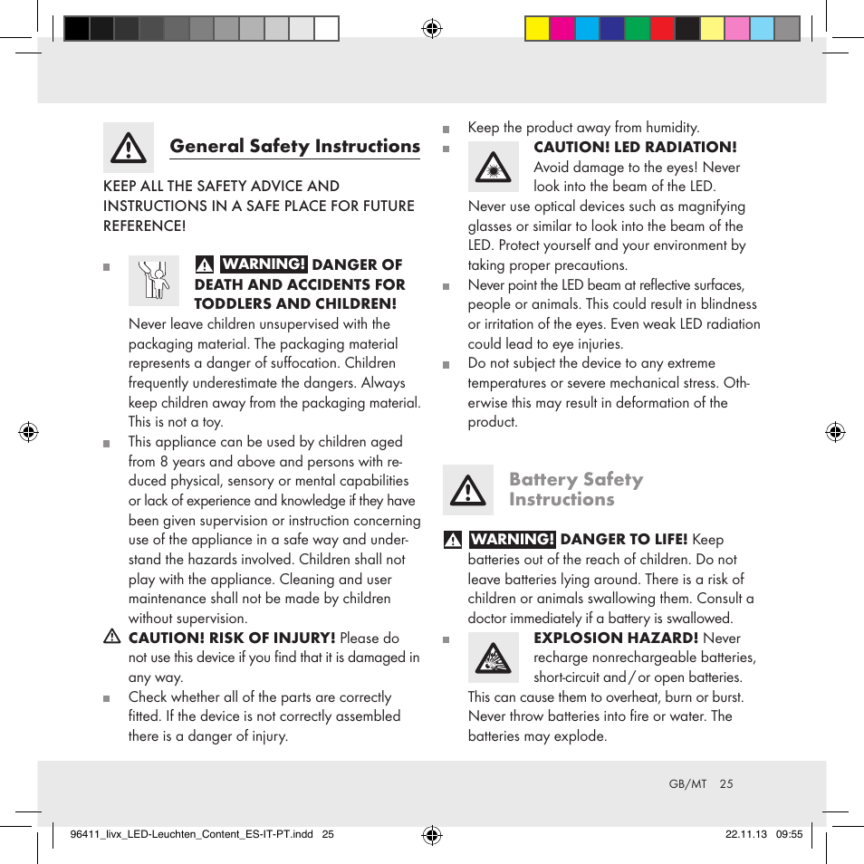 General safety instructions, Battery safety instructions | Livarno Z31124A/Z31124B User Manual | Page 25 / 35