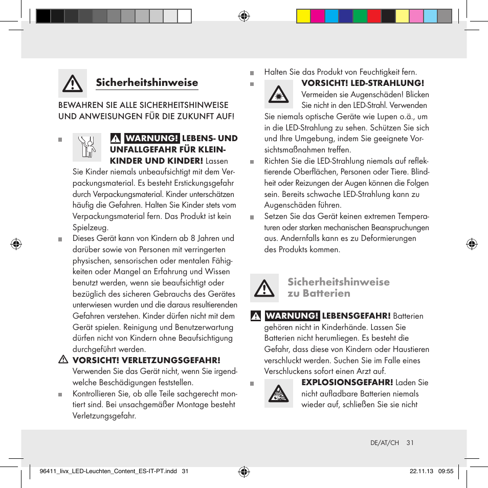 Sicherheitshinweise, Sicherheitshinweise zu batterien | Livarno Z31124A/Z31124B User Manual | Page 31 / 35