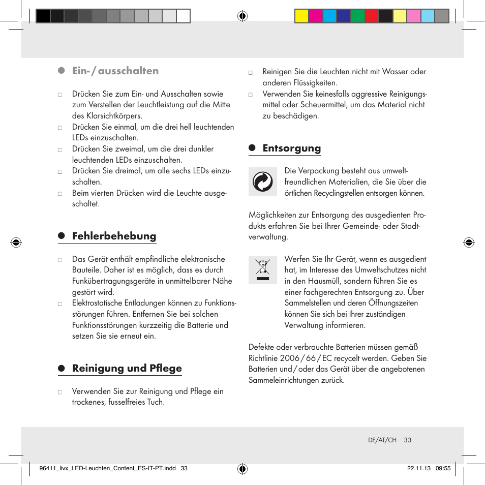 Ein- / ausschalten, Fehlerbehebung, Reinigung und pflege | Entsorgung | Livarno Z31124A/Z31124B User Manual | Page 33 / 35